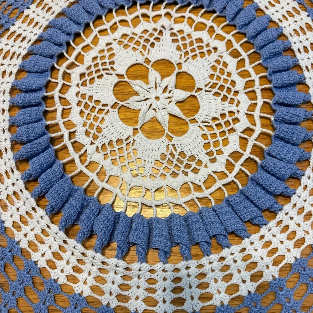 Vintage Hand crochet Blue & White Doily 31 Inch Diameter